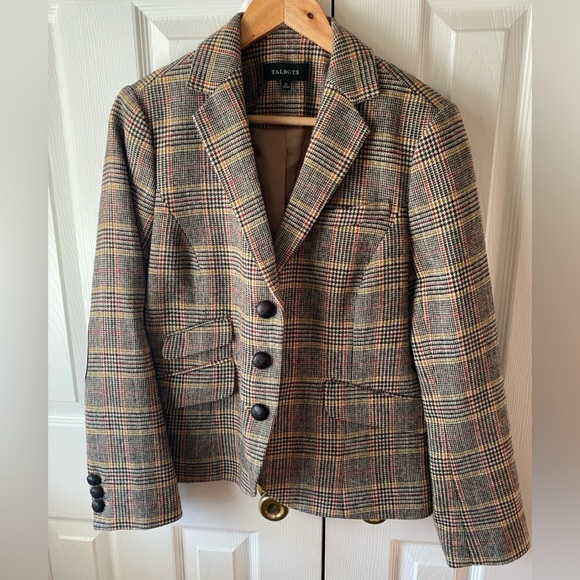 Talbots Jackets & Blazers - TALBOTS Brown Houndstooth Plaid Wool Blend Equestrian Style Blazer SZ 10